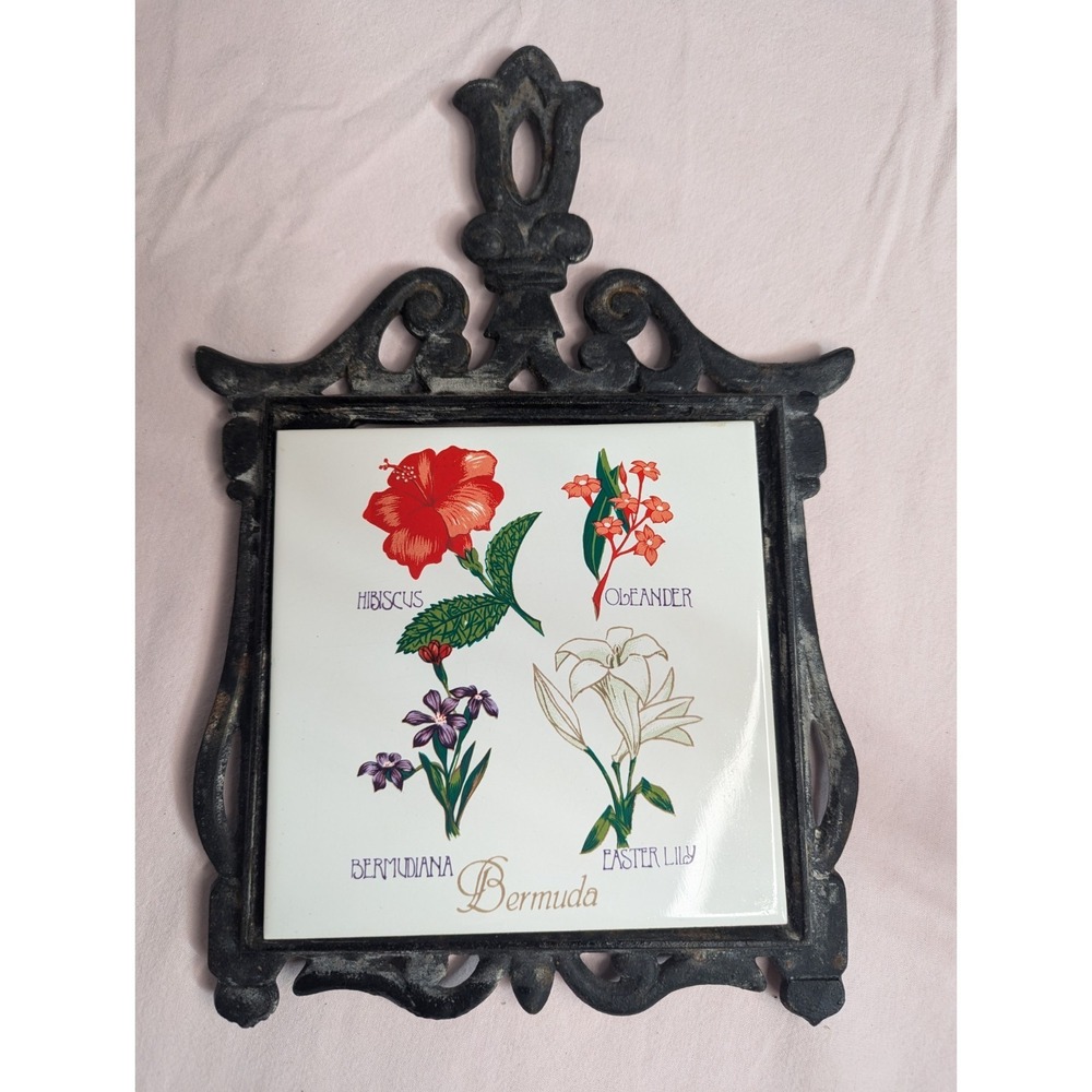 Vintage Cast iron trivet Bermuda ceramic tile insert Easter lily Oleander Hibisc